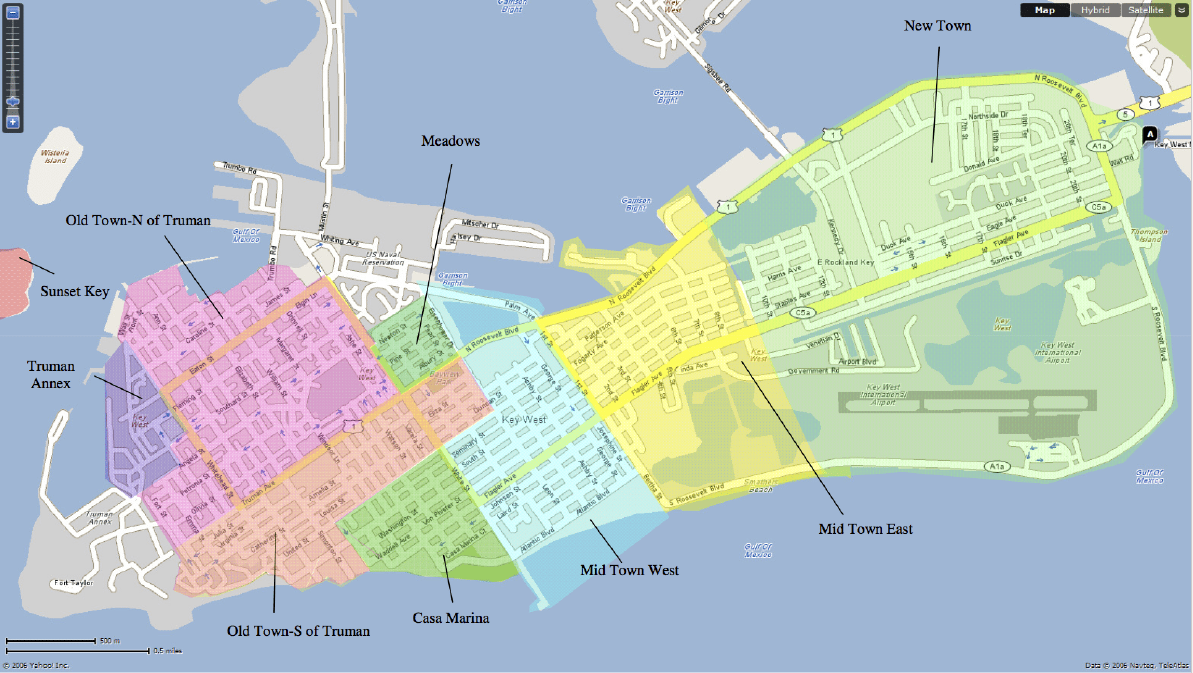 Map of Key West showing the boundaries and locations of major residential neighborhoods, including Old Town, Casa Marina, Midtown, New Town, and the Meadows
